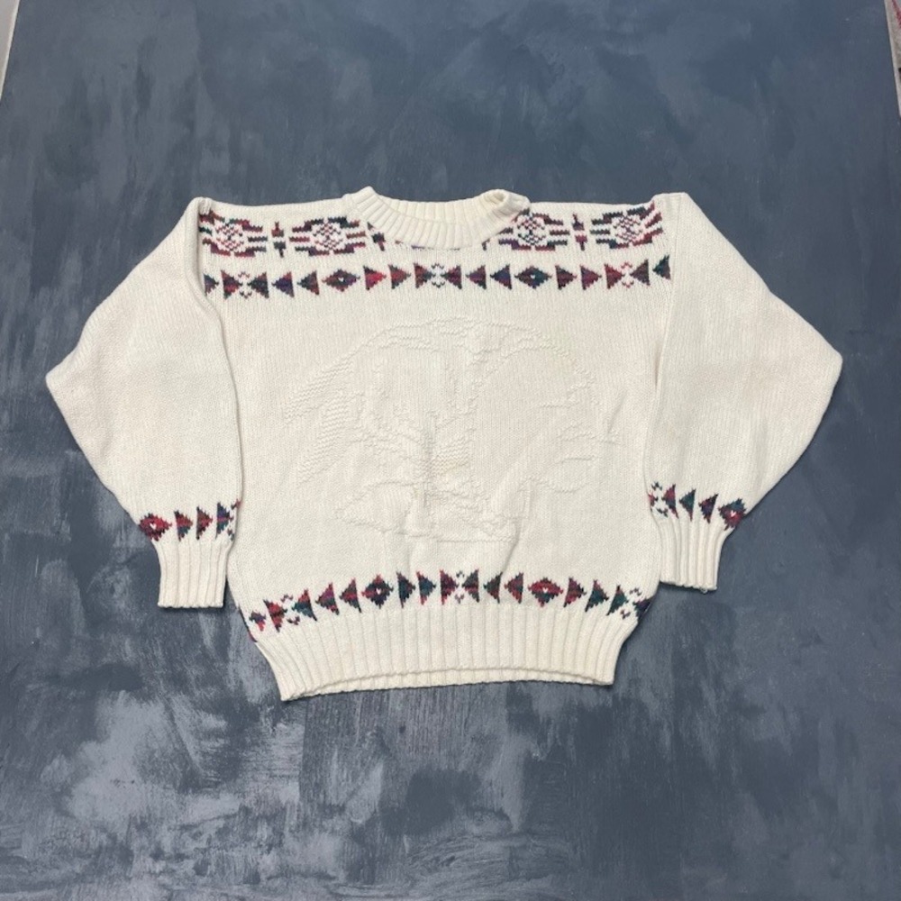 Vintage Lands End Sweater L Cream 90s Excellent Buffalo Southwestern Made in USA